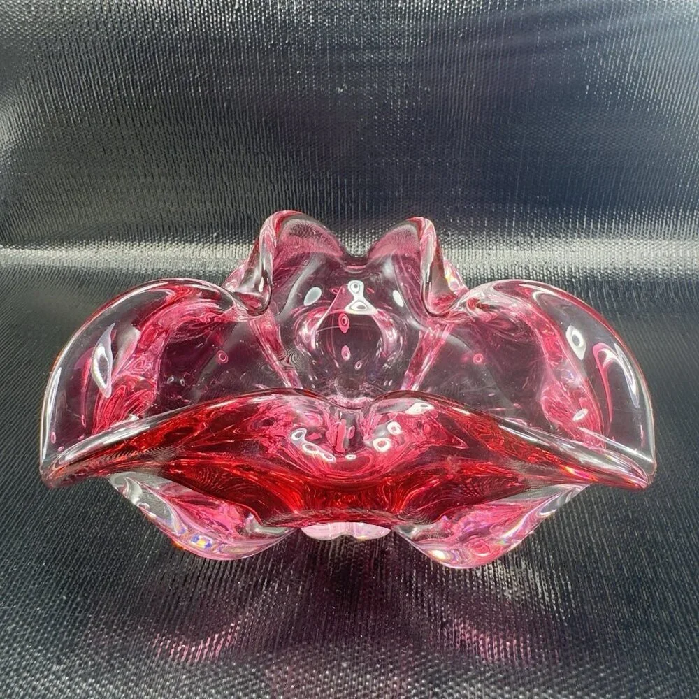 Hand Blown Bohemian Cranberry Art‎ Glass Dish Bowl Folded Edges Original Sticker